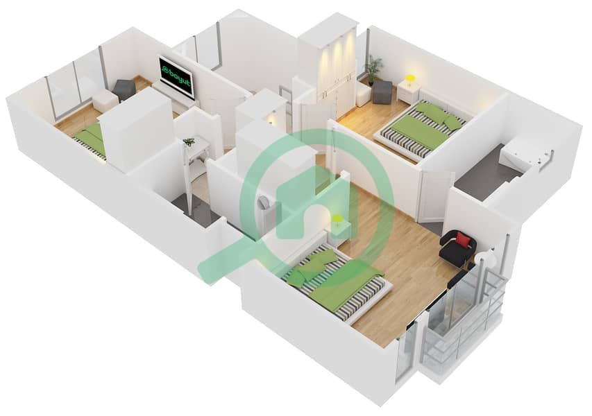 المخططات الطابقية لتصميم النموذج C تاون هاوس 3 غرف نوم - كاسا دورا interactive3D