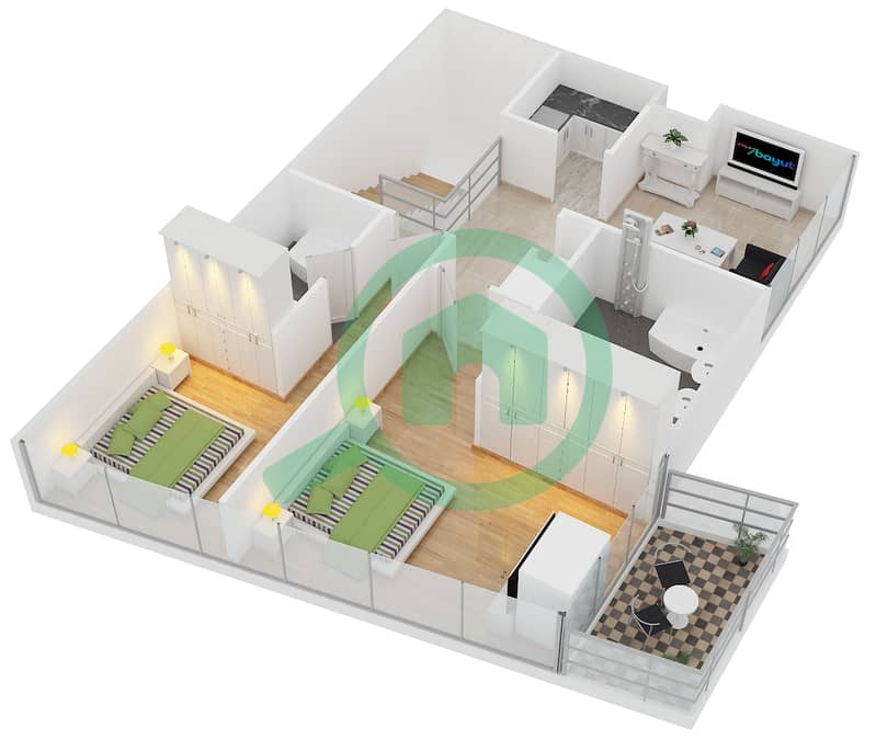 西码头大厦 - 3 卧室联排别墅类型C戶型图 interactive3D