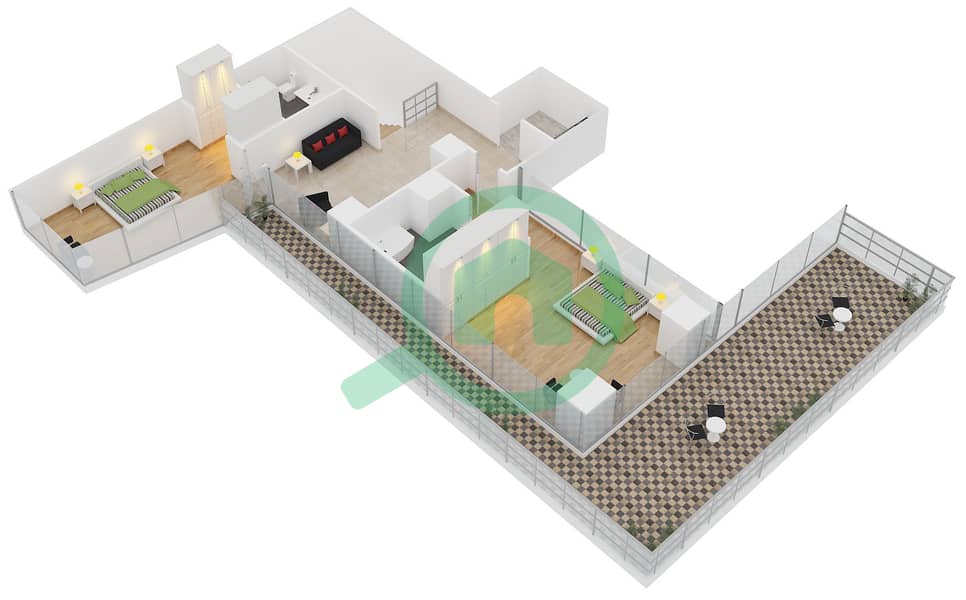 المخططات الطابقية لتصميم النموذج G/FLOOR 2-2M بنتهاوس 3 غرف نوم - ويست وارف Upper Floor 2-2M interactive3D