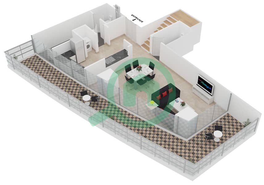 Вест Уорф - Таунхаус 2 Cпальни планировка Тип B1/FLOOR 7-14 Lower Floor interactive3D