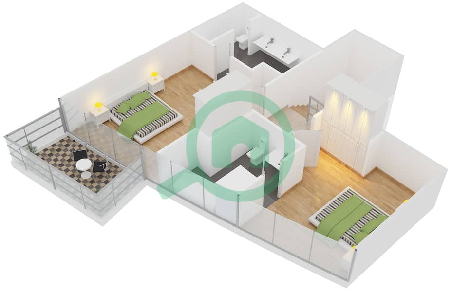 Вест Уорф - Таунхаус 2 Cпальни планировка Тип B1/FLOOR 7-14 Upper Floor interactive3D