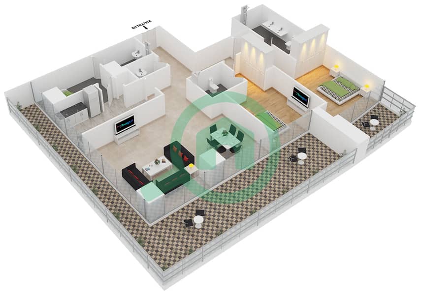 المخططات الطابقية لتصميم النموذج B2 FLOOR 7-14 شقة 2 غرفة نوم - ويست وارف 7-14 interactive3D
