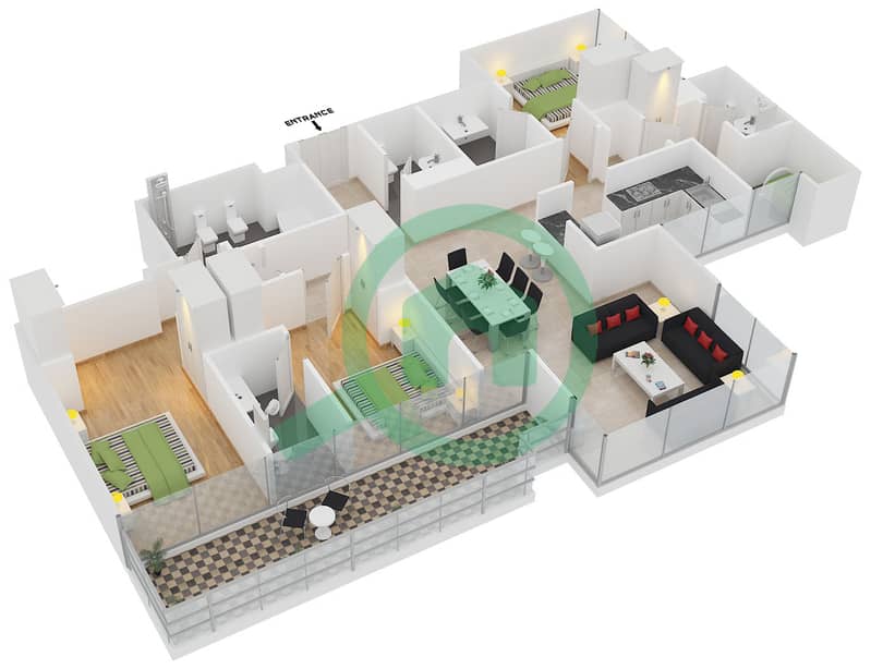 المخططات الطابقية لتصميم النموذج B2 شقة 3 غرف نوم - ويست وارف interactive3D