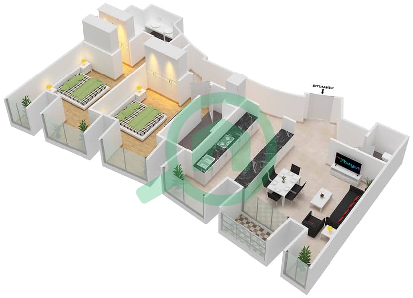 المخططات الطابقية لتصميم النموذج / الوحدة 1/2 شقة 2 غرفة نوم - برج كيان interactive3D