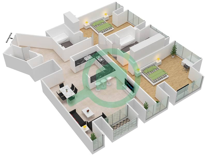 المخططات الطابقية لتصميم النموذج / الوحدة 1/3 شقة 2 غرفة نوم - برج كيان interactive3D