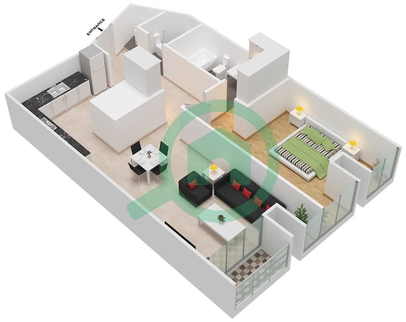 المخططات الطابقية لتصميم النموذج / الوحدة 1/4 شقة 1 غرفة نوم - برج كيان interactive3D