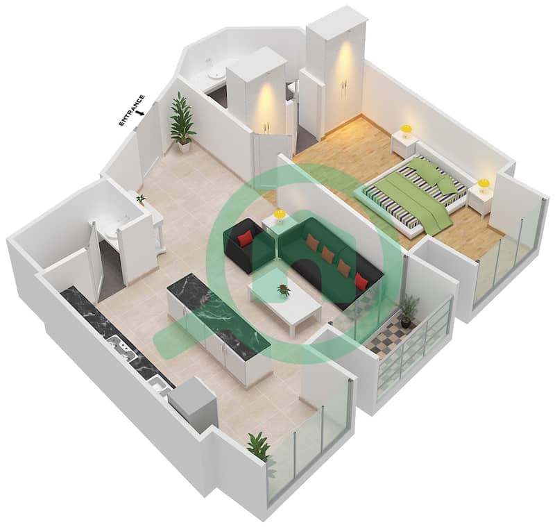 المخططات الطابقية لتصميم النموذج / الوحدة 1/6 شقة 1 غرفة نوم - برج كيان interactive3D