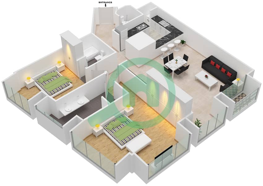 المخططات الطابقية لتصميم النموذج / الوحدة 1/5 شقة 2 غرفة نوم - برج كيان interactive3D