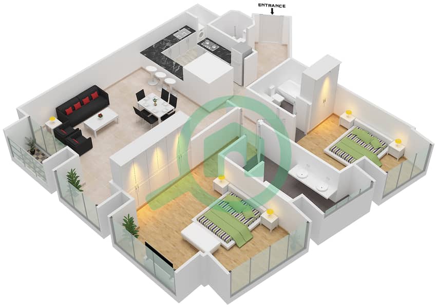 المخططات الطابقية لتصميم النموذج / الوحدة 1/8 شقة 2 غرفة نوم - برج كيان interactive3D