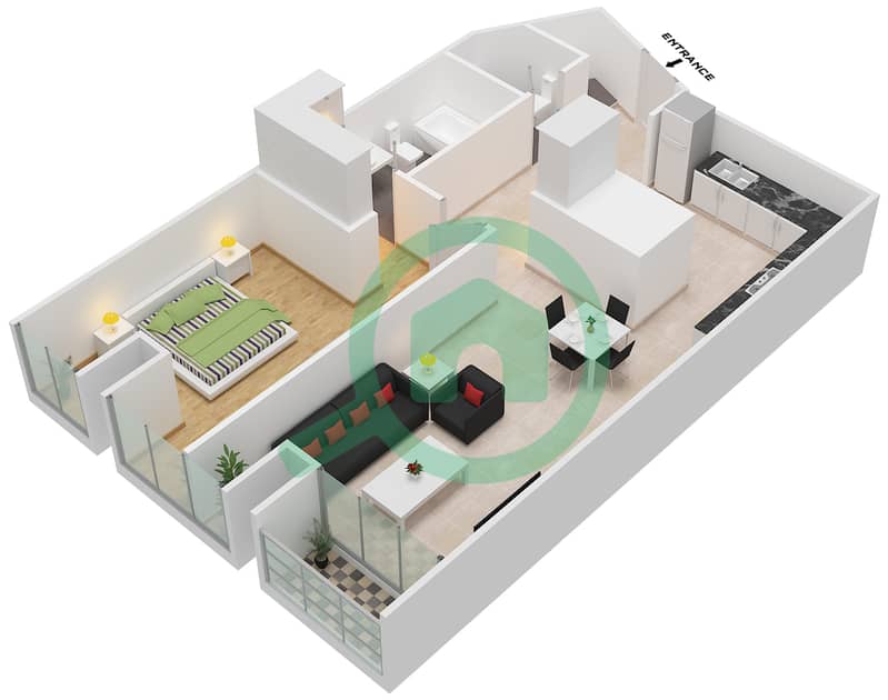 المخططات الطابقية لتصميم النموذج / الوحدة 1/9 شقة 1 غرفة نوم - برج كيان interactive3D