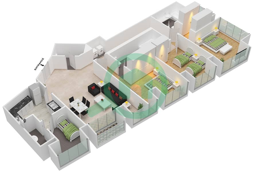 المخططات الطابقية لتصميم النموذج / الوحدة 2/1 شقة 3 غرف نوم - برج كيان interactive3D