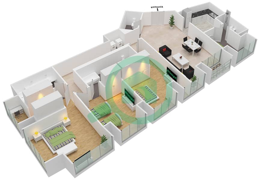 المخططات الطابقية لتصميم النموذج / الوحدة 2/2 شقة 3 غرف نوم - برج كيان interactive3D