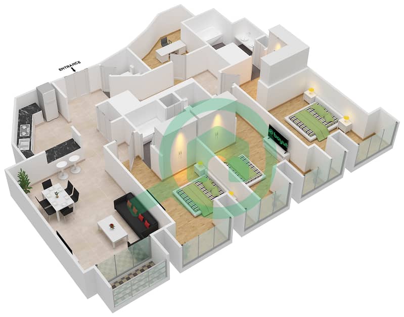المخططات الطابقية لتصميم النموذج / الوحدة 2/3 شقة 3 غرف نوم - برج كيان interactive3D
