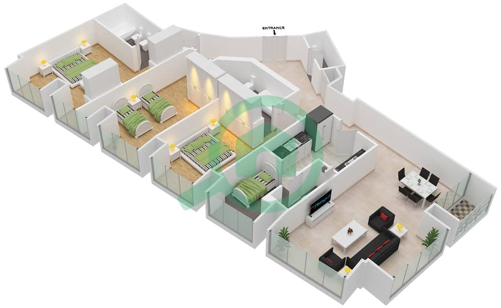 المخططات الطابقية لتصميم النموذج / الوحدة 2/4 شقة 3 غرف نوم - برج كيان interactive3D