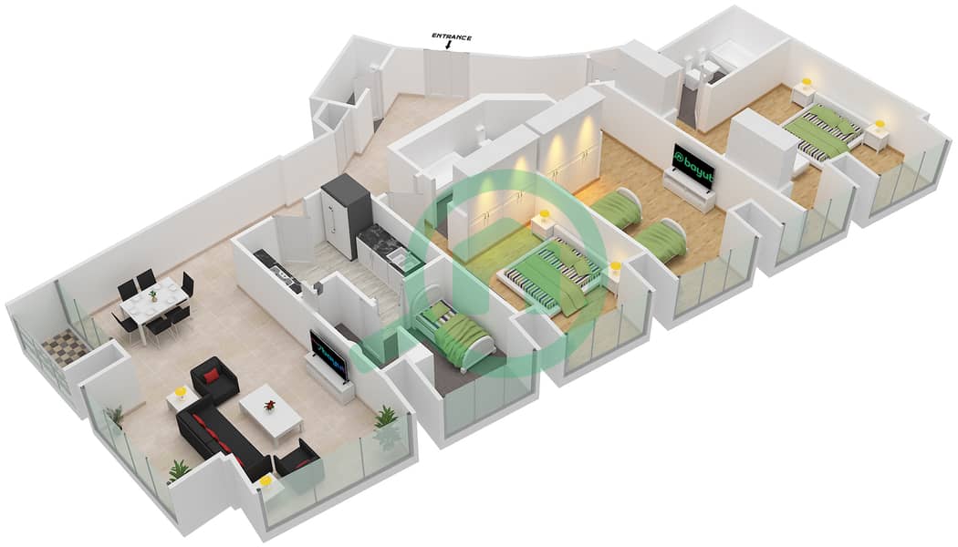 المخططات الطابقية لتصميم النموذج / الوحدة 2/5 شقة 3 غرف نوم - برج كيان interactive3D