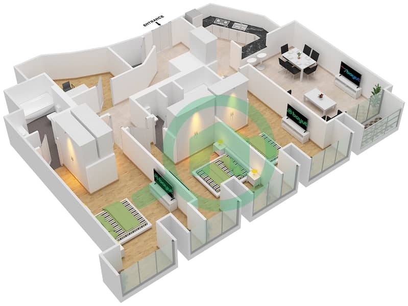 المخططات الطابقية لتصميم النموذج / الوحدة 2/6 شقة 3 غرف نوم - برج كيان interactive3D