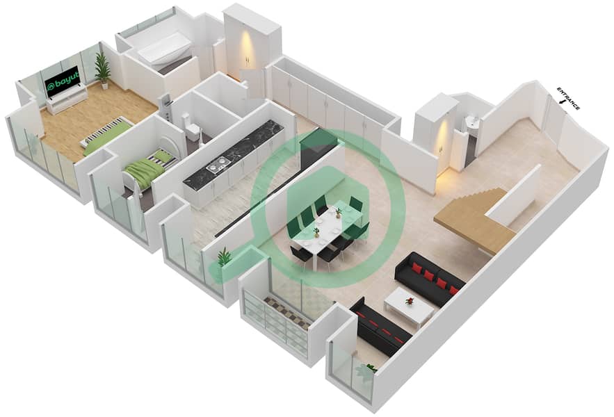 المخططات الطابقية لتصميم النموذج / الوحدة 3/1 شقة 3 غرف نوم - برج كيان interactive3D
