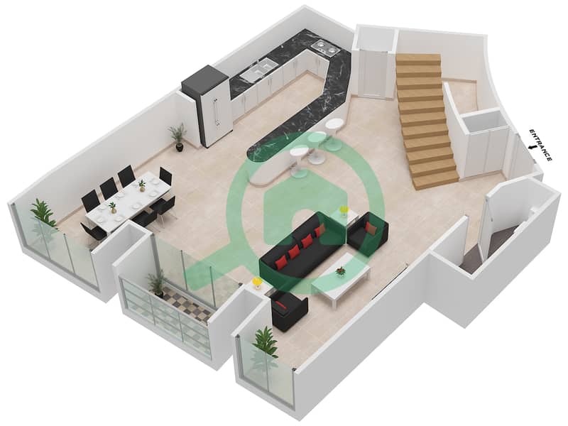 开阳大厦 - 2 卧室公寓类型／单位3/4戶型图 interactive3D