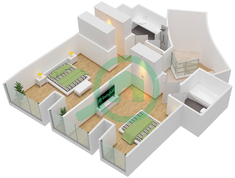 المخططات الطابقية لتصميم النموذج / الوحدة 3/4 شقة 2 غرفة نوم - برج كيان interactive3D