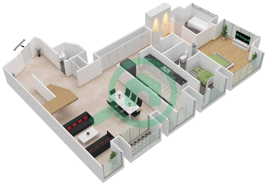 المخططات الطابقية لتصميم النموذج / الوحدة 3/5 شقة 3 غرف نوم - برج كيان interactive3D
