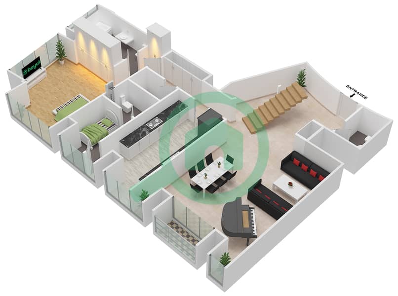 المخططات الطابقية لتصميم النموذج / الوحدة 3/6 شقة 3 غرف نوم - برج كيان interactive3D