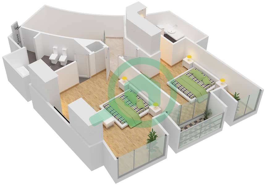 المخططات الطابقية لتصميم النموذج / الوحدة 3/9 شقة 2 غرفة نوم - برج كيان interactive3D
