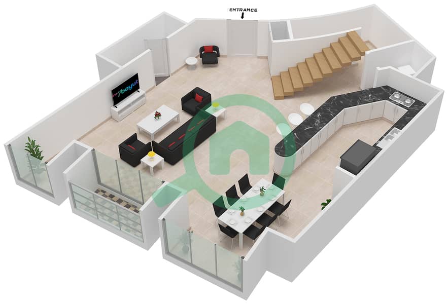 المخططات الطابقية لتصميم النموذج / الوحدة 3/7 شقة 2 غرفة نوم - برج كيان interactive3D