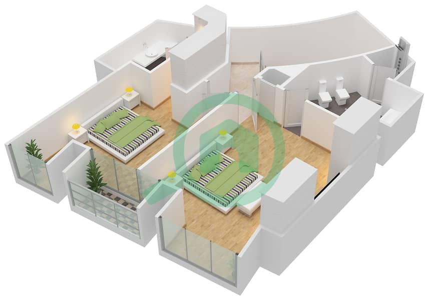 المخططات الطابقية لتصميم النموذج / الوحدة 3/7 شقة 2 غرفة نوم - برج كيان interactive3D
