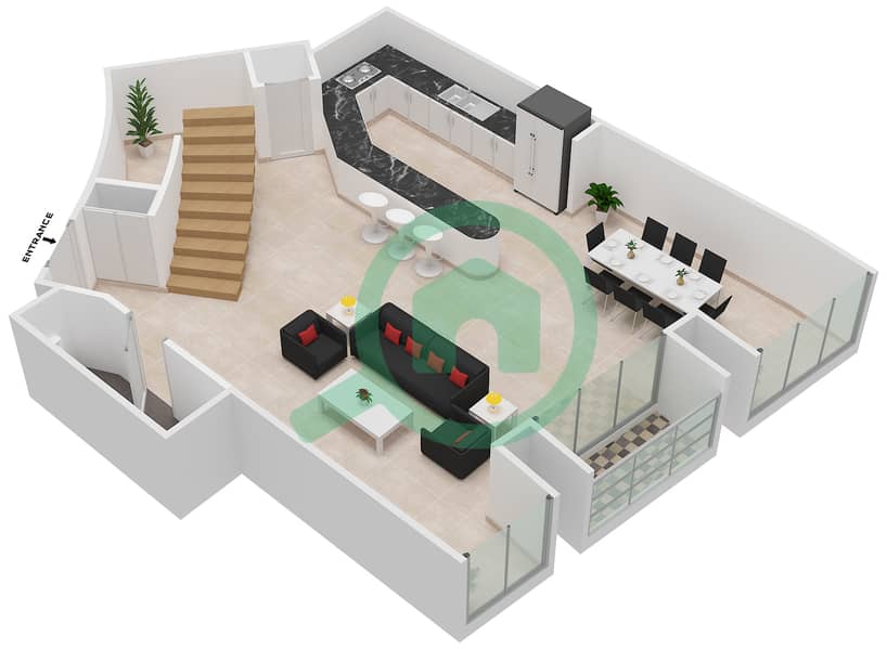 المخططات الطابقية لتصميم النموذج / الوحدة 3/2 شقة 2 غرفة نوم - برج كيان interactive3D