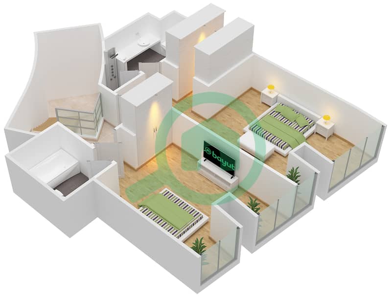 المخططات الطابقية لتصميم النموذج / الوحدة 3/2 شقة 2 غرفة نوم - برج كيان interactive3D