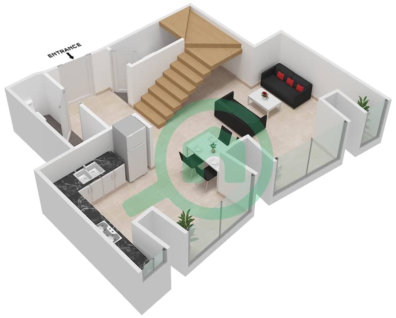 المخططات الطابقية لتصميم النموذج / الوحدة 3/3 شقة 1 غرفة نوم - برج كيان interactive3D