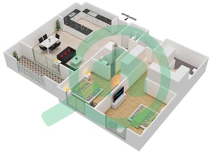 المخططات الطابقية لتصميم النموذج A شقة 2 غرفة نوم - الأندلس