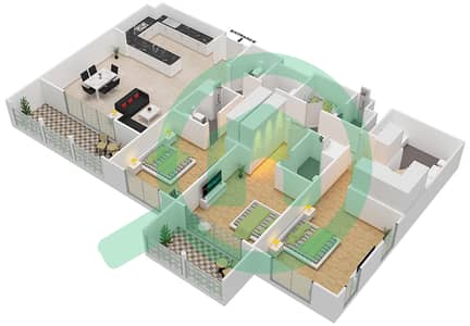 المخططات الطابقية لتصميم النموذج A شقة 3 غرف نوم - الأندلس