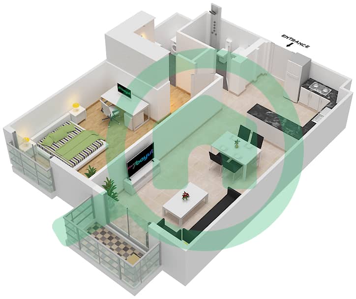 المخططات الطابقية لتصميم النموذج / الوحدة T1A/203 شقة 1 غرفة نوم - بلغرافيا هايتس 2 Floor 2-13 image3D