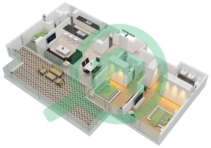 المخططات الطابقية لتصميم الوحدة 104 شقة 2 غرفة نوم - بناية 6B