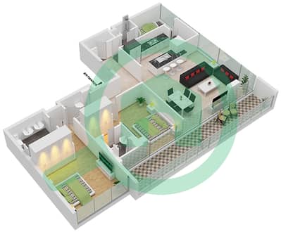 المخططات الطابقية لتصميم الوحدة 207,307 شقة 2 غرفة نوم - بناية 6B