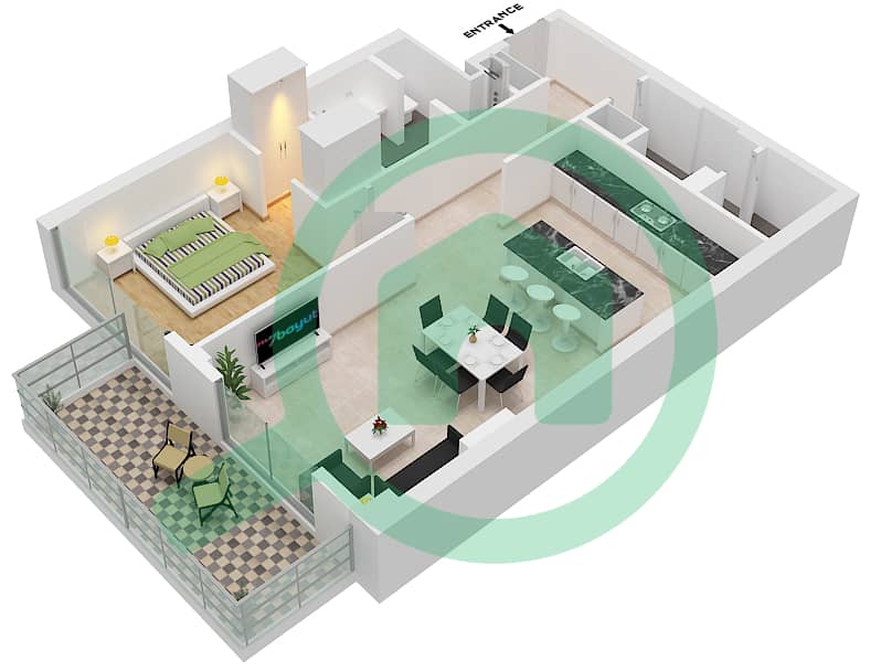 المخططات الطابقية لتصميم النموذج 1A شقة 1 غرفة نوم - بناية 10 Floor 1-6 image3D