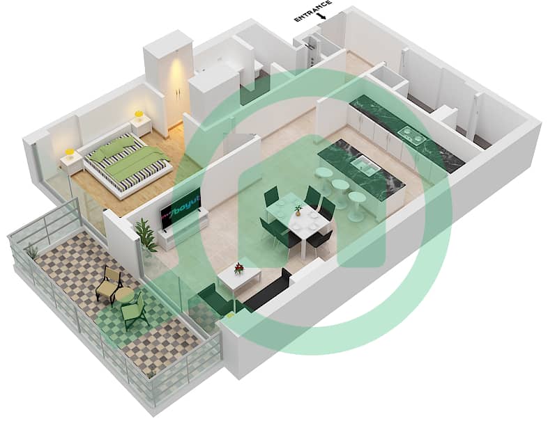 المخططات الطابقية لتصميم النموذج 1A1 شقة 1 غرفة نوم - بناية 10 Floor 1-5 image3D