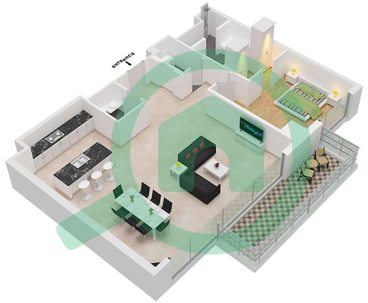 المخططات الطابقية لتصميم النموذج 1B1 شقة 1 غرفة نوم - بناية 10 Floor 2-5 image3D
