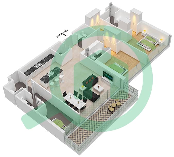 Здание 10 - Апартамент 2 Cпальни планировка Тип 2A2 Floor 1-5 image3D