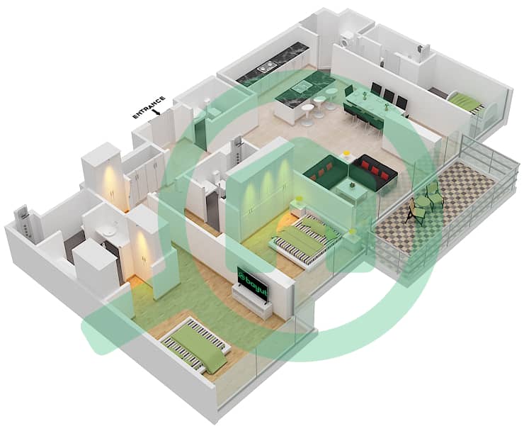 Здание 10 - Апартамент 2 Cпальни планировка Тип 2C Floor 1-5 image3D