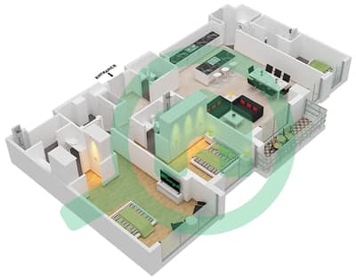 المخططات الطابقية لتصميم النموذج 2C1 شقة 2 غرفة نوم - بناية 10
