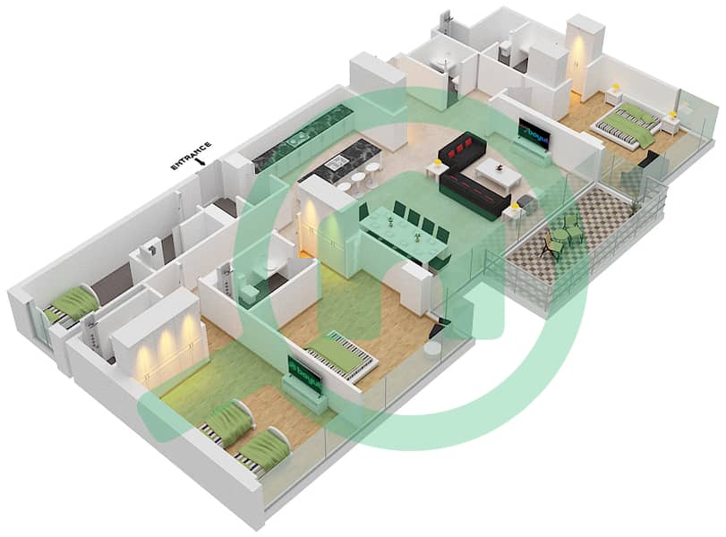 المخططات الطابقية لتصميم النموذج 3A1 شقة 3 غرف نوم - بناية 10 Floor 1-6 image3D