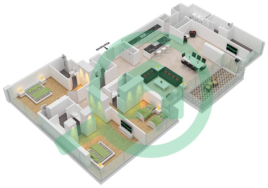 المخططات الطابقية لتصميم النموذج 3A2 شقة 3 غرف نوم - بناية 10 Floor 2-4 image3D