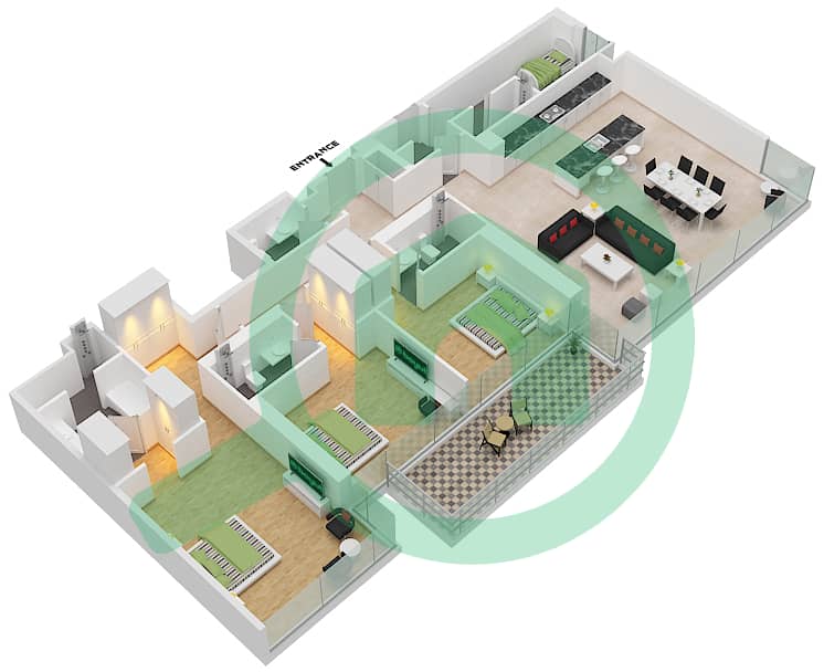 المخططات الطابقية لتصميم النموذج 3A3 شقة 3 غرف نوم - بناية 10 Floor 1-6 image3D