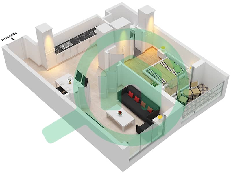 المخططات الطابقية لتصميم النموذج A شقة 1 غرفة نوم - ويفز ريزيدنس image3D