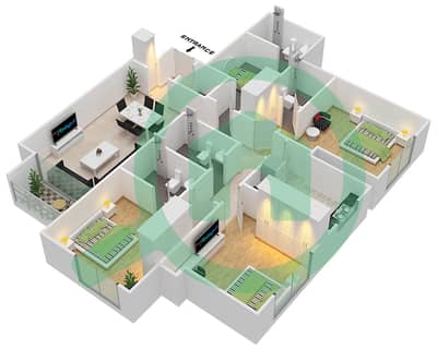 المخططات الطابقية لتصميم الوحدة 8 شقة 3 غرف نوم - برج فاميلي