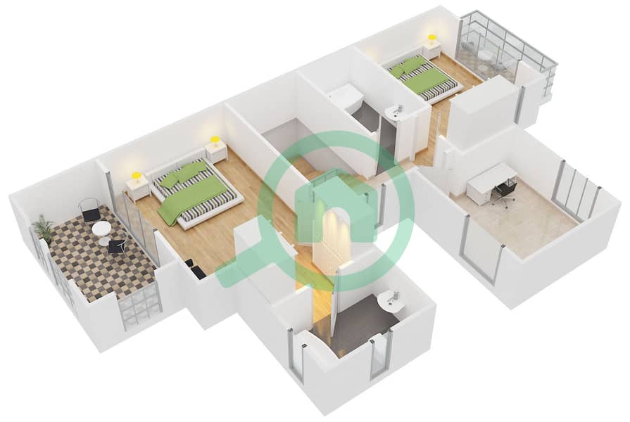 المخططات الطابقية لتصميم النموذج B فیلا 2 غرفة نوم - بالميرا 1 interactive3D