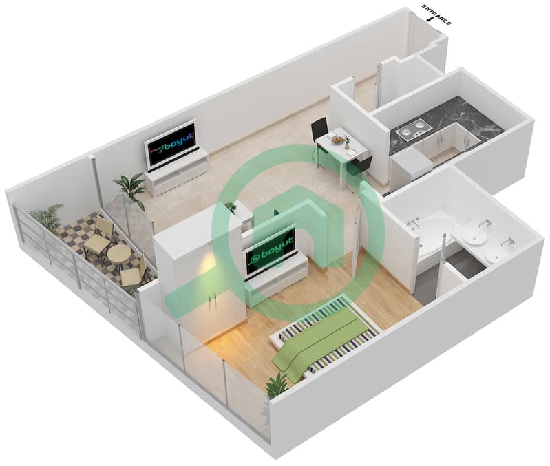 المخططات الطابقية لتصميم النموذج R1B شقة 1 غرفة نوم - برج جميرا جيت 1 Floor 3-16,18-41 interactive3D