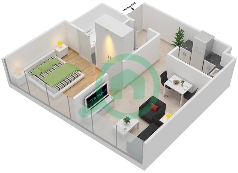 المخططات الطابقية لتصميم النموذج R1C شقة 1 غرفة نوم - برج جميرا جيت 1 Floor 3-16,18-41 interactive3D